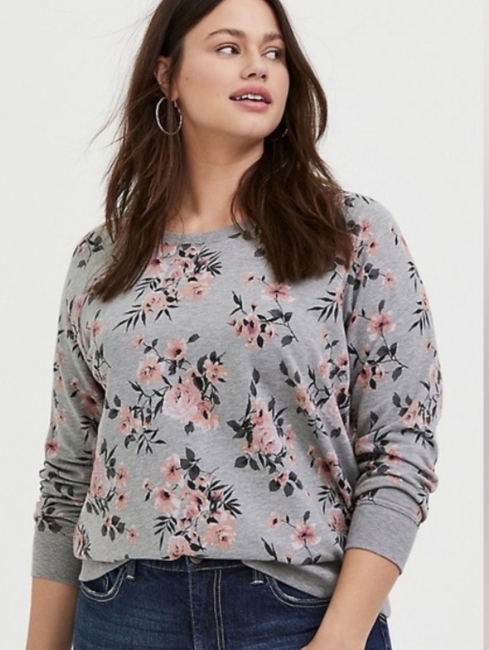 Torrid Heather Gray Floral Crewneck Sweatshirt with Blush Accents Size 2 P2P 25